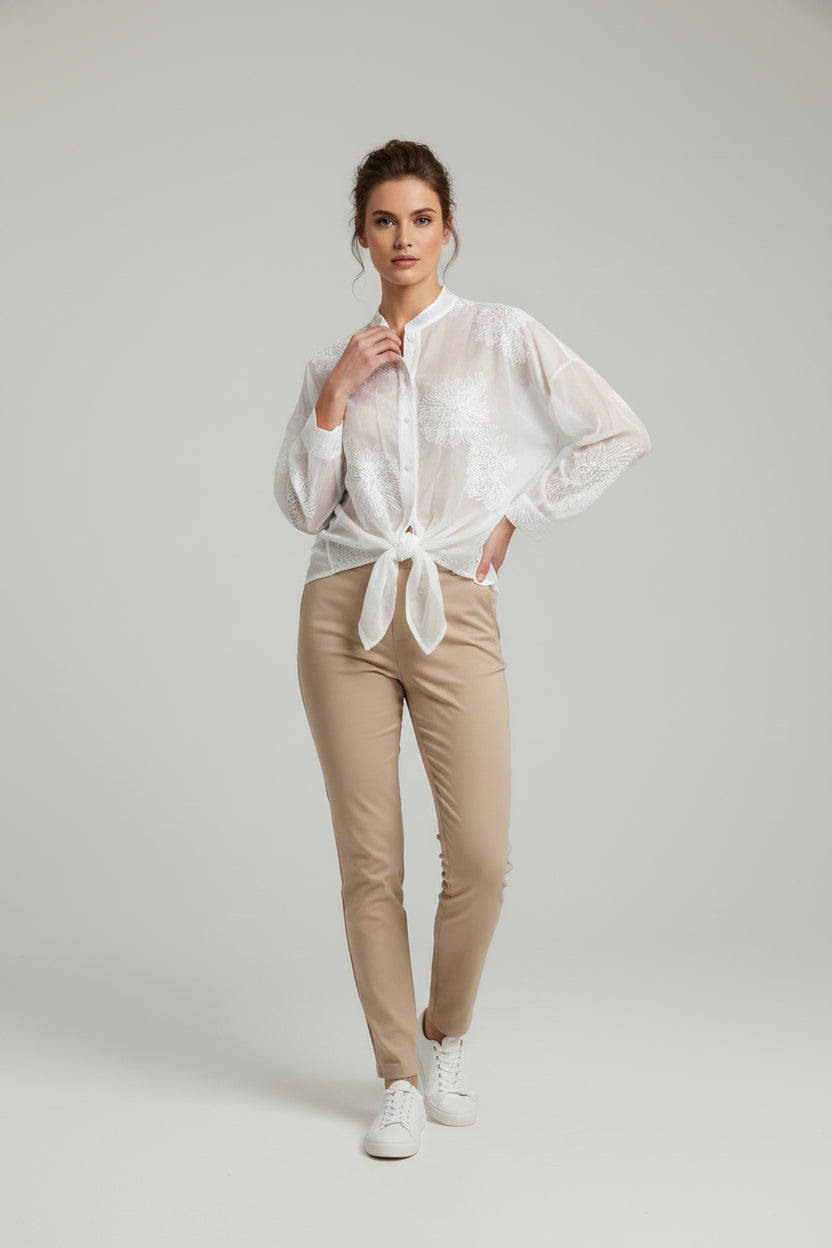 Shirt with sheer embroidered flowers