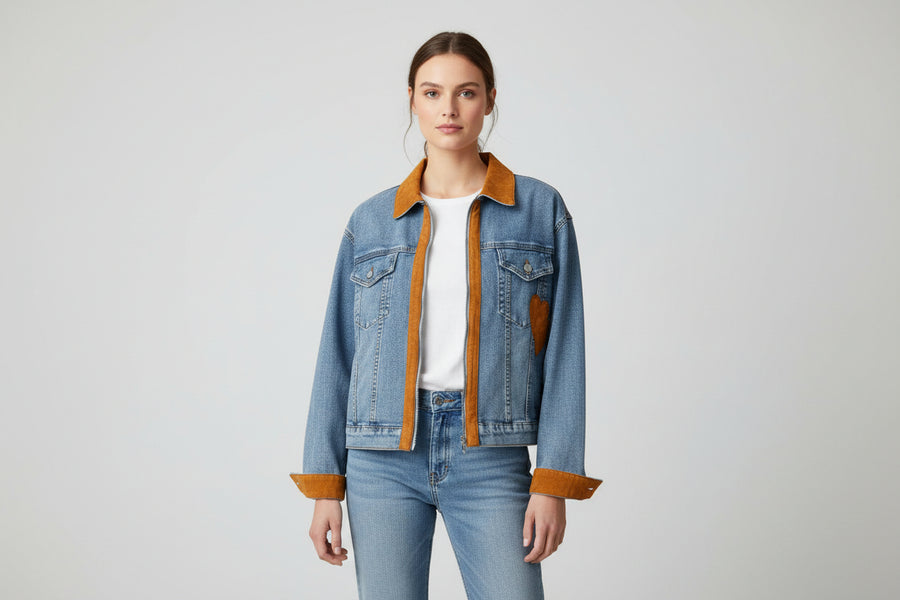 Denim jacket with brown details.