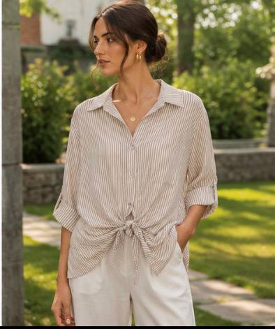 Beige Striped Tie-Front Shirt