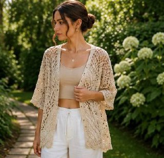 Beige Crochet Open Knit Cardigan