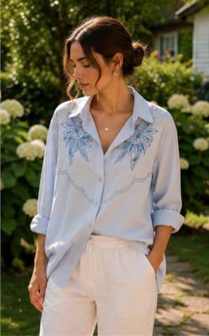 Light Blue Floral Embroidery Shirt